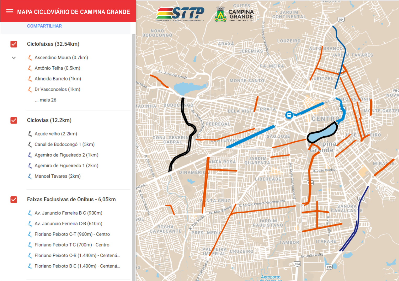 STTP divulga mapa da malha cicloviária nas principais vias de Campina Grande.
