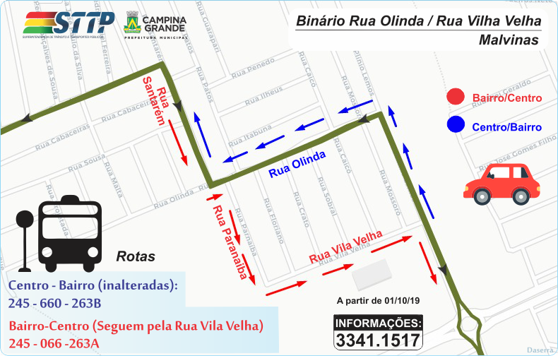 Novo binário muda trânsito na Rua Olinda e STTP altera rotas de linhas de ônibus nas Malvinas, próxima terça-feira.