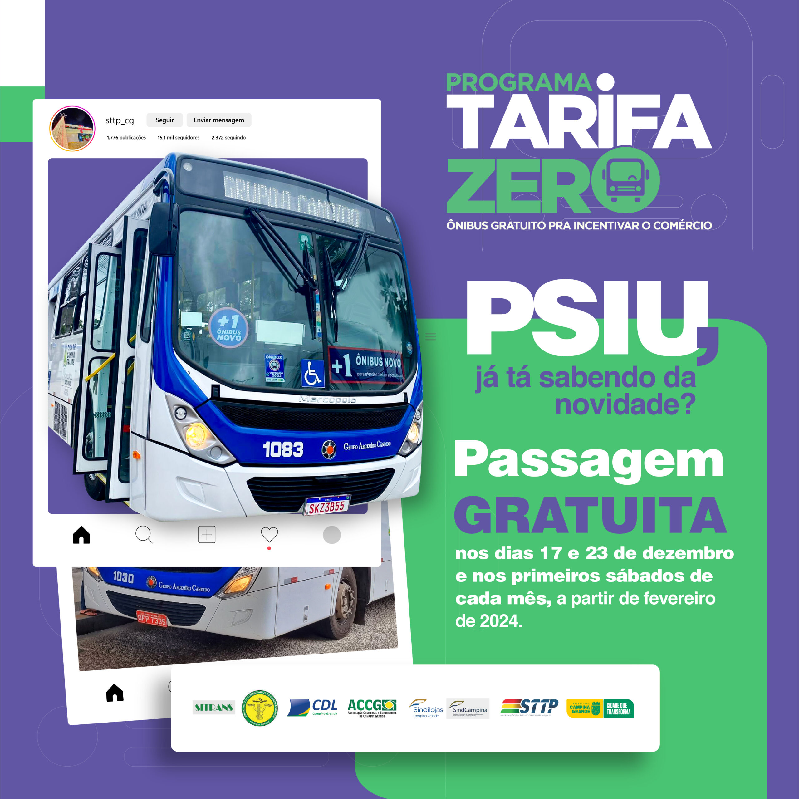 Transporte coletivo terá “Tarifa Zero” neste sábado em Campina Grande – STTP | Superintendência de Transito e Transporte Públicos de Campina Grande